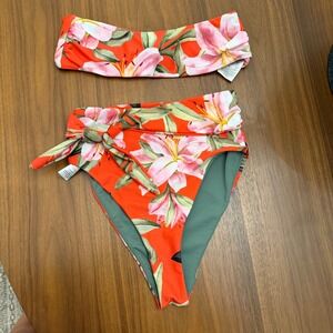 Mara Hoffman Floral Bandeau High Waist Bikini Set Orange Pink Lily XS
